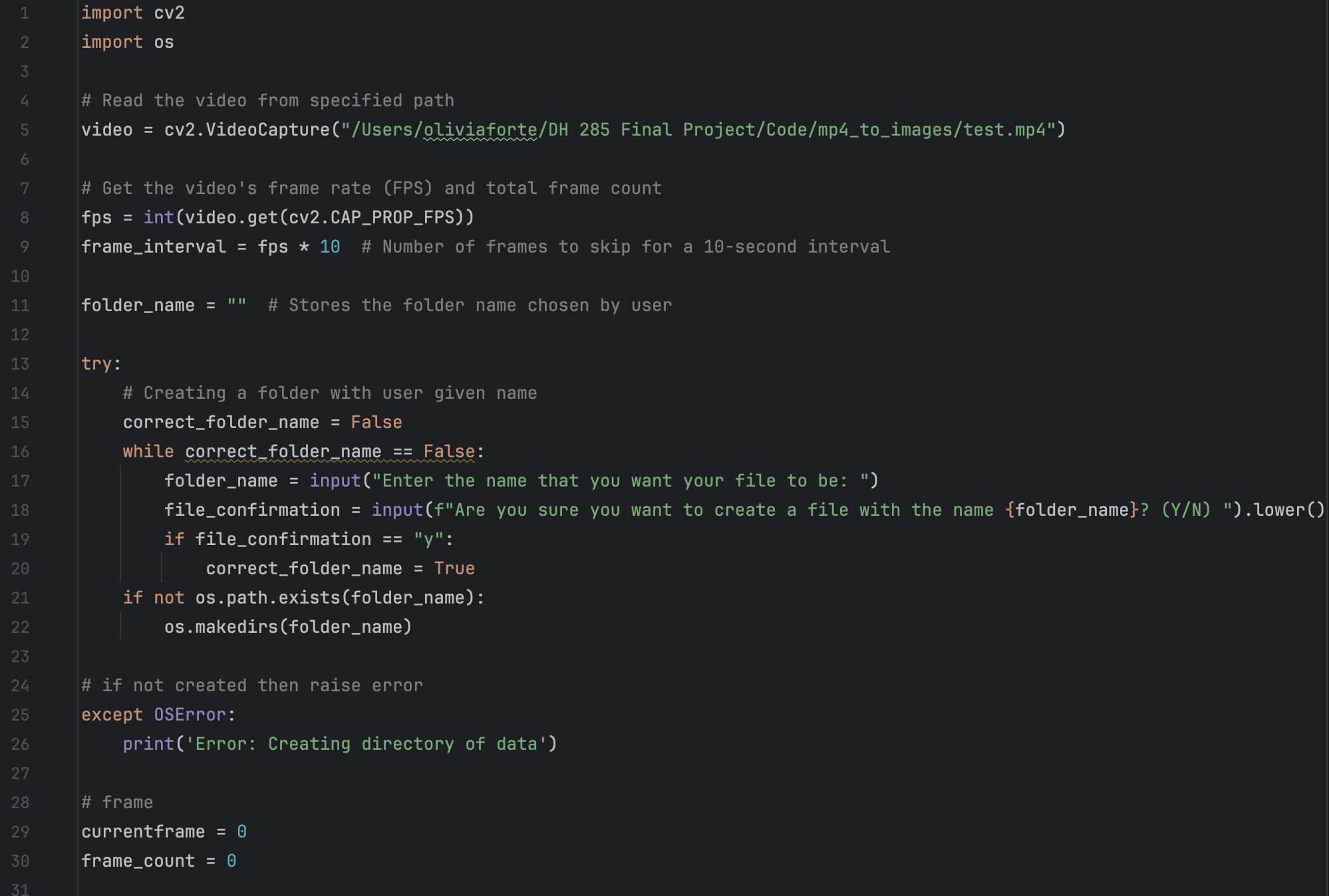 snapshot of python code for breaking up the videos into images